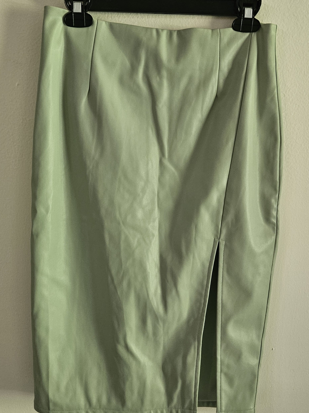 Light Green Satin Pencil Skirt with Front Slit. Fall, Faux Leather, Night Out